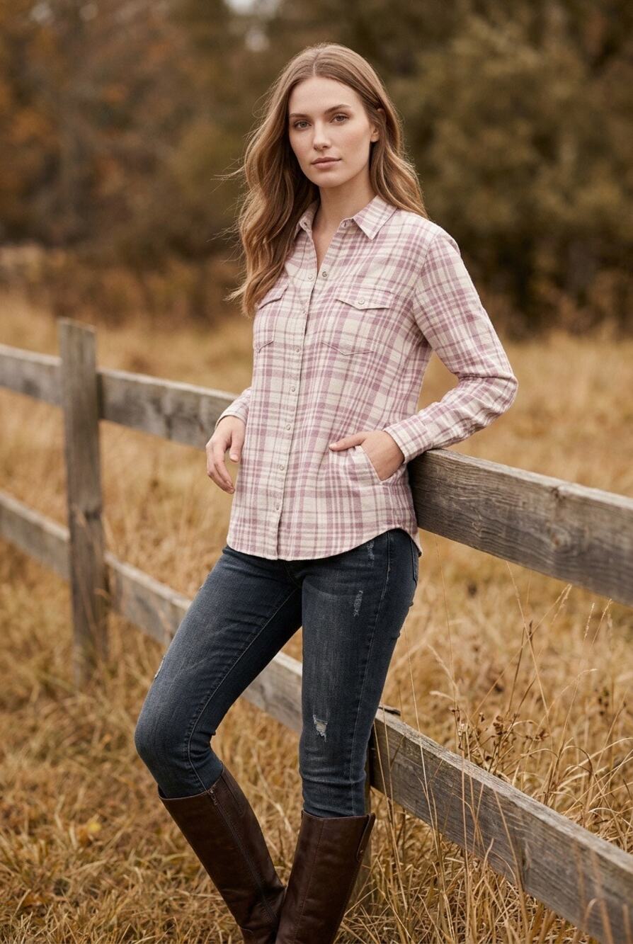 JACHS Girlfriend Plaid Flannel Shirt w/Pockets Womens Small Western Farm Country